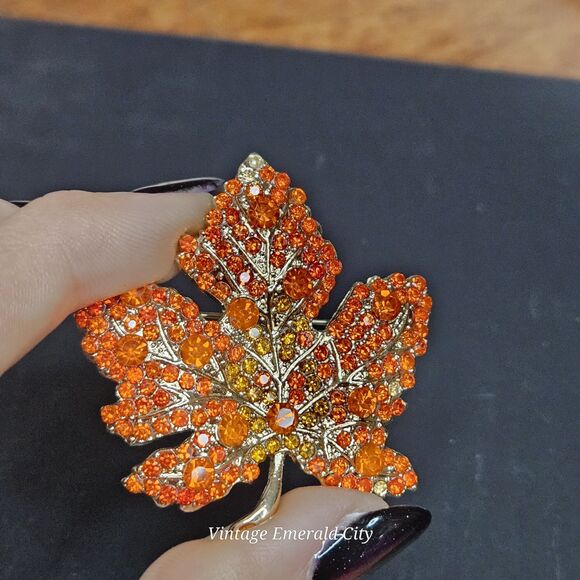 Maple Tree Leaf Brooch Orange Rhinestones Gold-Tone Autumn Pin Fall Warm Nature - Picture 5 of 12